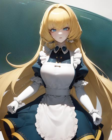 <lora:ub1imo:1>
1girl, solo, long blonde hair, blue eyes, blue dress, white frilly apron, short puffy sleeves, detached cuffs