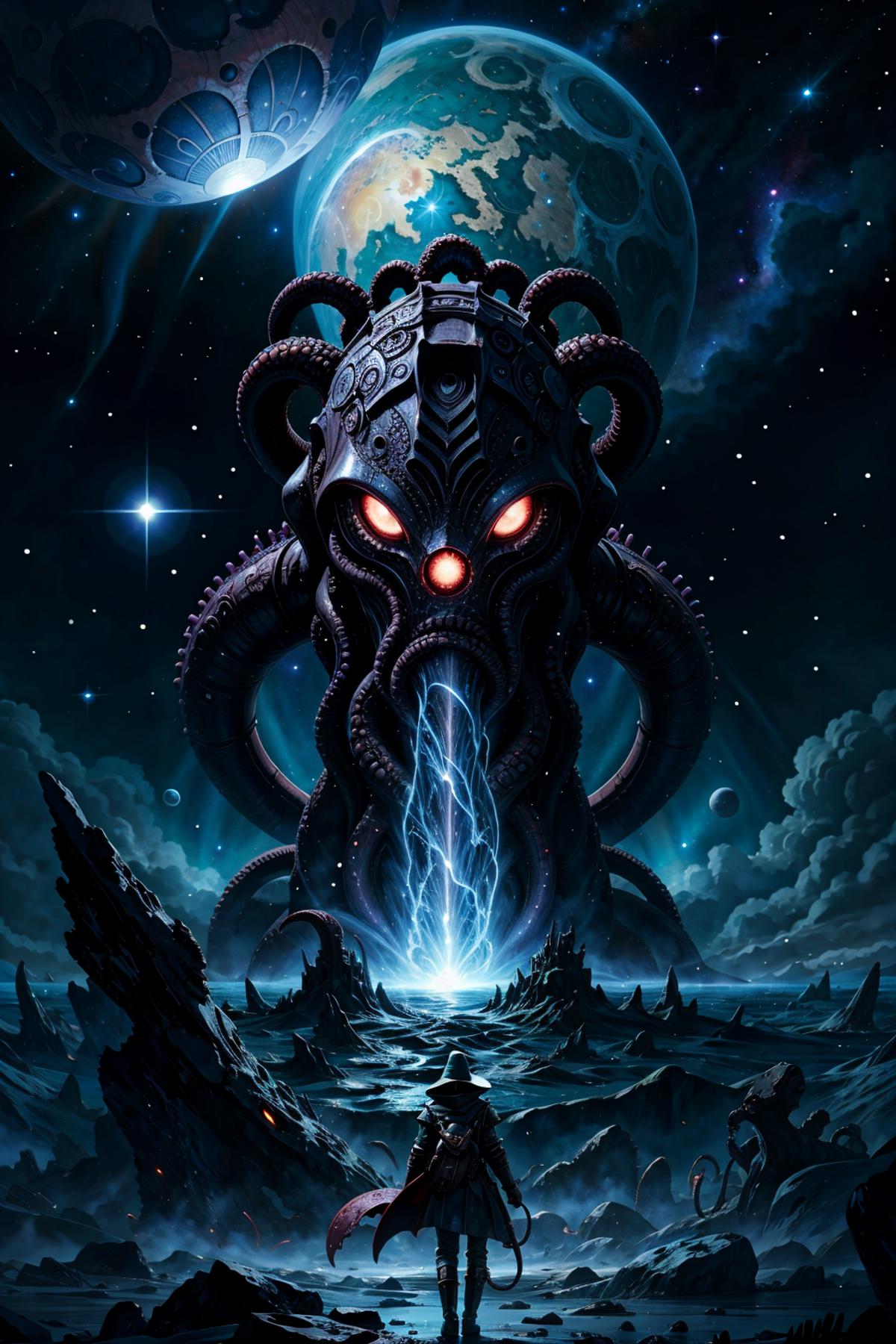 A dark and mysterious image featuring an alien monster with a large head and glowing red eyes, surrounded by a dark sky with several stars. The monster is situated among a rocky landscape and appears to be coming from the sky to the ocean, creating an eerie and captivating scene.
