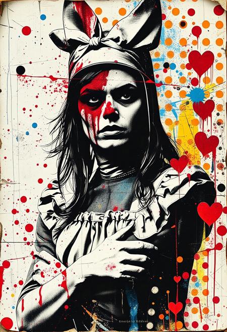 A pop art style of Butcher Billy mixed media collage artwork. Deconstructed, provocative, surreal, intense and chaotic composition. Street art textures, overlapping layers and vibrant retro colours. A distressed photocopy print of a magazine image of a punk dressed as Alice in Wonderland covered in blood. Print errors, halftone dots. grungy print registration errors. Overlaying this are multiple layers of vintage storybook images, hand-drawn shapes and patterns, bold paint splashes. Next are layered sections of repetitive brightly coloured dots are spraypainted in Yayoi Kusama style - smears and spray. Paint splattered and dripping. Torn magazine photos of knives and toadstools glued to the layers. These partially hide sections of the images below. On the top layer are rough hand-drawn shapes, abstract patterns and love hearts scrawled heavy-handedly in blue biro and Sharpie marker. Text: "Why Alice?"