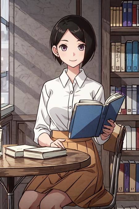 (masterpiece),(best quality), <lora:AraiChie:0.8>,  arai chie, ear covered, alternative haircut, purple eyes, chie, dress1, long skirt, shirt, smile, looking at the viewer, portrait,   school library, bookshelves, books, table, books on the table, chair, sitting,  <lora:Adddetail:0.7>