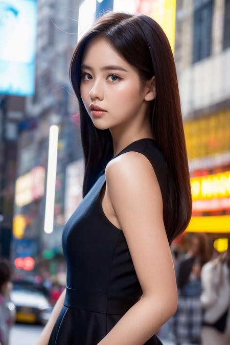 masterpiece, best quality, 1girl, (black dress, upper body, looking at viewer), standing, time square,  smooth soft skin,detailed face, concept art, masterpiece,ultra realistic,32k,extremely detailed CG unity 8k wallpaper,