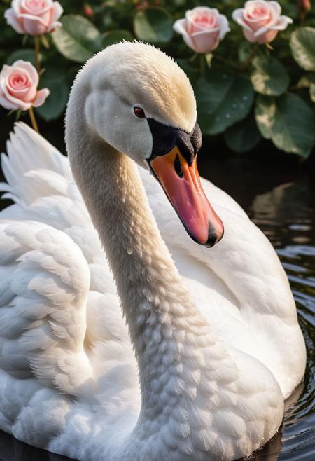 A photorealistic close-up of a majestic swan, its entire body formed entirely from soft, velvety rose petals. The rose petals should be a gradient of red, pink, and cream, with dewdrops glistening on the tips like tiny pearls. The background should be a soft bokeh of sunlight filtering through leaves.