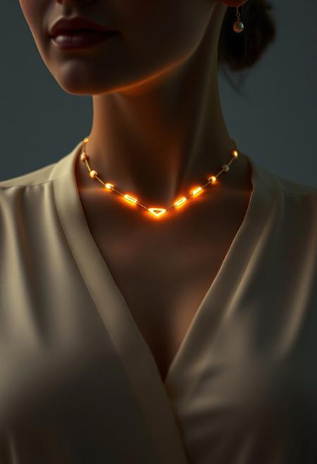 subdermal LED jewelry, (implant fashion:1.6), (internal LED glow:1.5) beneath the skin, (embedded LEDs:1.6) forming illuminated necklace shapes under the skin, soft golden light glowing from beneath, (elegant blouse:1.5), sapphire-like LED glow on the clavicle, (modest clothing:1.4), fabric seamlessly designed to complement subdermal technology, high-definition, (natural skin tone:1.5), soft light diffusion from under the skin, ultra-realistic textures, (tech-enhanced blouse:1.4), advanced subdermal lighting, (futuristic elegance:1.5), soft fabric gently covering the body, smooth light transitions under the skin, (modest fashion:1.4), sleek, refined style, high-resolution, delicate glowing effects, subtle implanted technology, modern, tech-based elegance, (nudity:-1.5), (revealing:-1.5), (suggestive:-1.5), (provocative:-1.5), (overexposed:-1.3), (worn jewelry:-1.5), (immodest:-1.4), (unclothed:-1.5), (explicit:-1.6)
