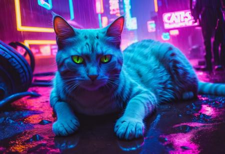 cyberpunk cat (neon lights:1.3) clutter, ultra detailed, crash, chaotic, low light, contrast, dark, rain, at night, cinematic, dystopic, broken ground, tunnels, skyscrapers