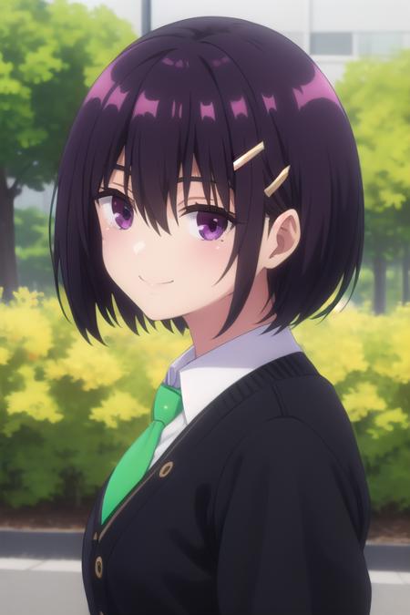 Suzu Kanade short hair,purple hair,bob cut,hair ornament,hairclip,hair between eyes,bangs,purple eyes school uniform,black cardigan,green necktie,collared shirt,white shirt,medium breasts,long sleeves,miniskirt,black skirt,pleated skirt,black socks,loafers