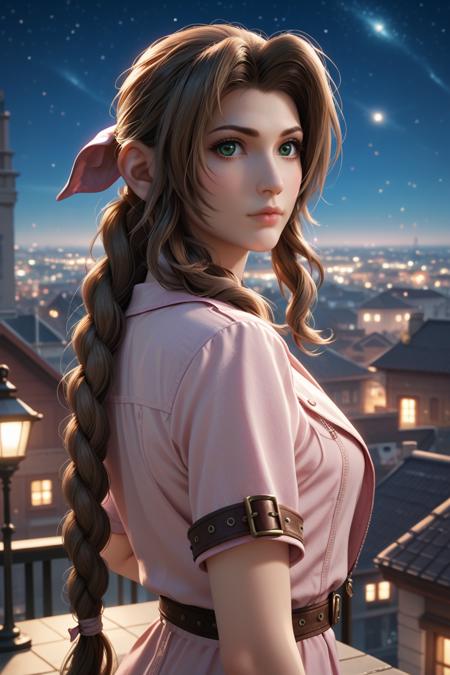 FF7Aerith, 1girl, brown hair, green eyes, long hair, braided ponytail