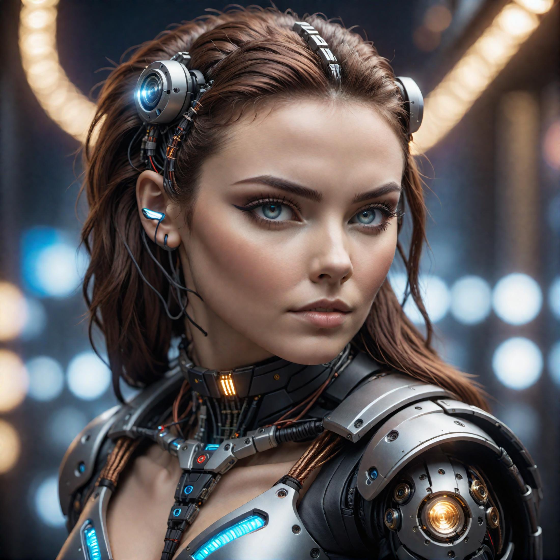 A computer-generated image of a woman with blue eyes and a metal armor headpiece.