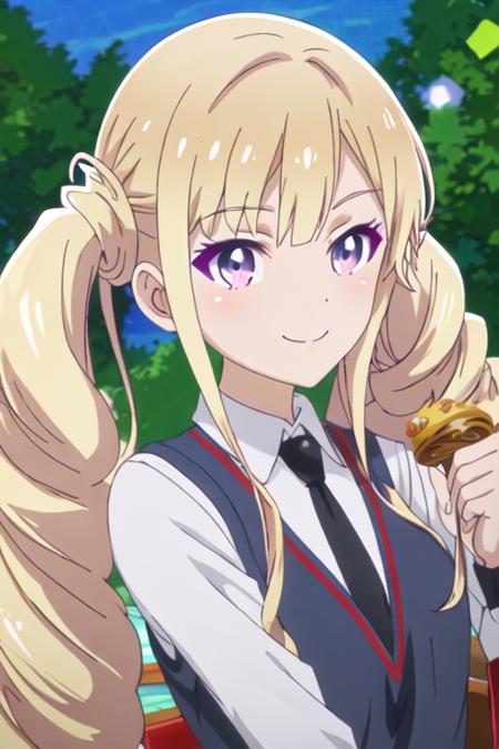 shiahuoshiyuroze_kumakumakumabear blonde_hair, long_hair, twintails, purple_eyes, drill_hair, bangs, necktie, smile