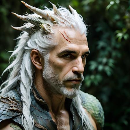 artistic photography of a peaceful dragon with white hair, hairy skin, drake with long weavy silver hair, mysterious ,dull side light, mixed styles by Donato Giancola and Carne Griffiths and Teis Albers and Marc Allante,cinematic masterwork by head of prompt engineering  <lora:xl_more_art-full_v1:0.5>