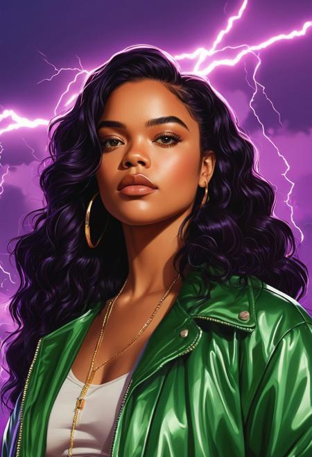 a woman with long black hair wearing a green jacket, gta vice city cover art, brown skin. light makeup, art in the style of disney, amazing lightning art, purple aethetic, tessa thompson, lizzo, portrait of megara, by Nene Thomas, beautiful 3 d rendering, eyecandy