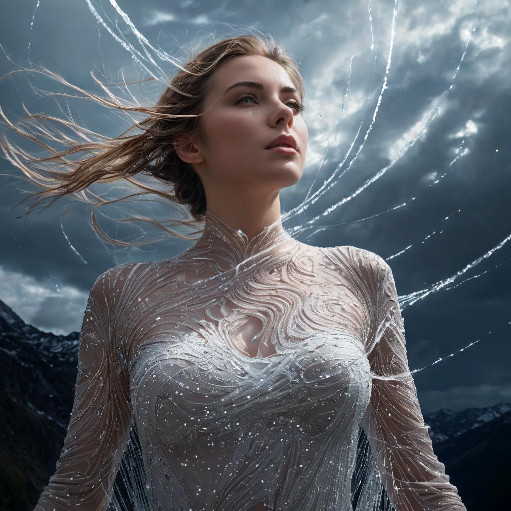 long shot scenic professional photograph of A hyperrealistic portrait of a woman whose body is being torn apart by invisible forces, her skin stretched and distorted into long, glowing strands that float in the air around her. Her face is frozen in calm detachment, despite the chaos of her disintegration. Her eyes are radiant, glowing orbs of pure white light, and her hair has been stretched into thin, glowing threads that spiral and twist into the sky. Behind her, the background is an abstract world of swirling, invisible winds that rip apart the landscape, pulling everything into thin, glowing strands., perfect viewpoint, highly detailed, wide-angle lens, hyper realistic, with dramatic sky, polarizing filter, natural lighting, vivid colors, everything in sharp focus, HDR, UHD, 64K