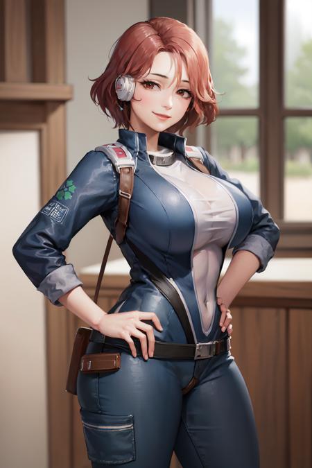 (masterpiece, best quality:1.2), <lora:lastorigin_fortune-10:0.8>, cowboy shot, solo, 1girl, fortune \(last origin\), smile, closed mouth, looking at viewer, hand on hip, bodysuit, large breasts