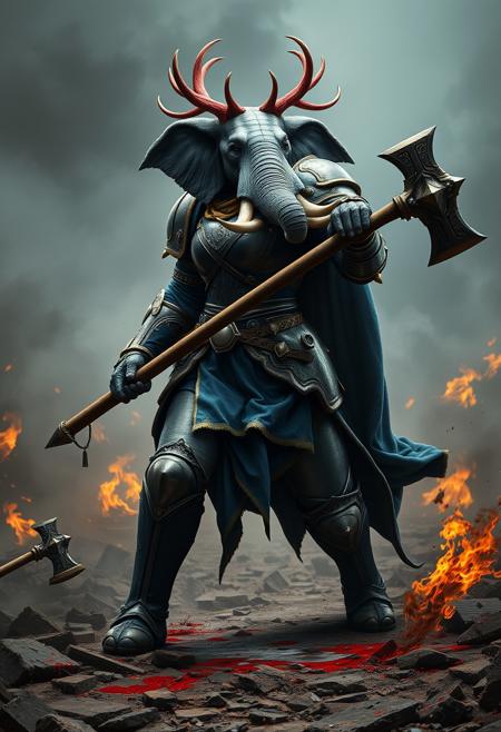 hyperrealistic, anthropomorphized elephant/human female (with female human body, elephant head with human like features), grey skin, bald, large tusks, elephant trunk, muscular thighs,
knight, blue and gold full armor, long pelvic curtain, muscular thighs, holding a midevil war-hammer, knight, crown of red antlers,
charging into battle, fighting, hero pose, surrounded by smoke, surrounded by blood, blood splattered on floor, midevil battlefield, burning rubble, 
cinematic composition and lighting. Masterpiece. Very detailed.