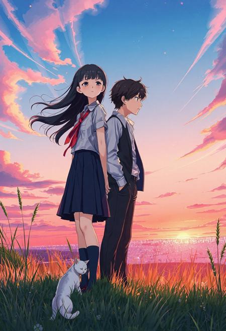 Vertical 9:16 cinematic anime scene, ultra-detailed 4K, soft cel-shading with watercolor textures. Two high school students standing back-to-back on a grassy hill during a vibrant sunset.
– Girl: long black hair flowing gently in the wind, wearing a white short-sleeved blouse, red ribbon tie, pleated navy skirt, and knee-high socks; eyes closed, expression calm but emotional.
– Boy: tousled dark brown hair, school blazer draped over shoulder, white shirt slightly wrinkled, black trousers; looking to the horizon with a wistful gaze.
A small white cat curled up at the girl's feet, eyes half-closed, tail flicking slowly.
Wispy, pastel-tinted clouds stretch across the sky with soft volumetric depth, casting long shadows over the hill.
Tall grass swaying gently, glowing city lights far below, streaks of shooting stars in a dreamy pink-orange sky, subtle lens flare, fireflies dancing around them, deep sense of emotion and distance.
Inspired by Makoto Shinkai, CoMix Wave Films, "Your Name", "Weathering With You".