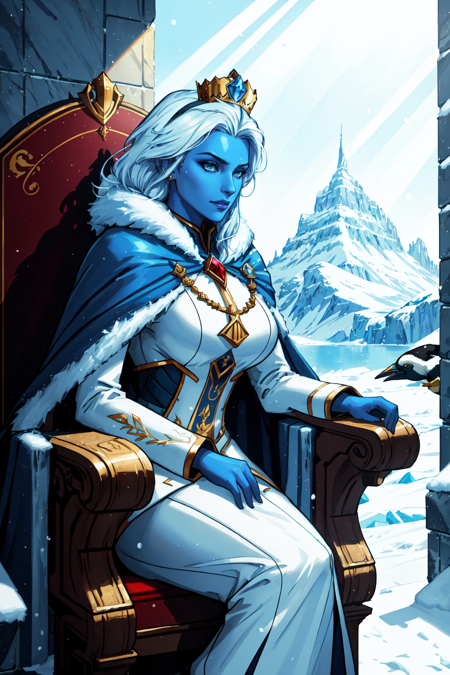 crown, royal crown, regal , frozen throne, throne, ice, winter scene, iced over throne, 1girl, female focus, colored skin, blue skin, large breasts, sitting,  long hair,  frozen setting, solo, blue theme, cape,  white hair,  bird, penguins sitting by the throne, empire penguin, arctic setting, extreme light and shadow, rim lighting, arctic theme, simon petrikov, ultra detailed, 2k cg detailed wallpaper, masterpiece, best quality, official art,Earth-QualityPos