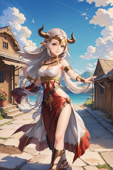 masterpiece, best quality, aliza, single braid, horns, red danceroutfit, looking at viewer, smile, sky, clouds, village, standing <lora:danceroutfit-nvwls-v1-000008:1>  <lora:aliza-nvwls-v1-final:0.7>