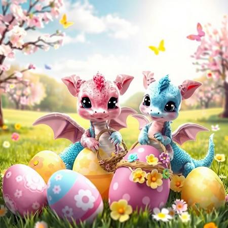Create a bright and joyful Easter-themed image with cute baby dragons instead of the traditional Easter bunnies. Baby dragons should be small, with big eyes and soft fur, in pastel colors — pink, blue, yellow and green.
They appear among bright Easter eggs decorated with patterns and flowers. The background depicts a spring landscape with blooming trees and green lawns, creating a festive atmosphere. The sun is shining in the sky, and butterflies are fluttering around.
Baby dragons can hold small baskets of eggs in their paws or hide behind them, creating a playful and cheerful atmosphere. The lighting should be soft and warm, creating light tones in the image.