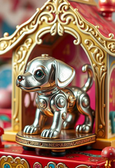 "Illustrate a vibrant, hyper-realistic image of a windup toy puppy in its doghouse, with intricate details and textures that seem to leap off the page. The puppy is a beautifully crafted, mechanical toy with shimmering metallic fur and a delicate, gear-driven tail that seems to wag with excitement. The doghouse is a colorful, ornate structure with intricate etchings and a delicate, filigree-style roof. The surrounding environment is a whimsical, toy-filled landscape with subtle details and textures that seem to bring the scene to life. The mechanical workings of the windup mechanism are visible, with delicate gears and springs that seem to pulse with energy. The overall effect is one of nostalgic, childhood wonder, as if the windup puppy is a beloved toy come to life." highest-Quality, intricate details, visually stunning, Masterpiece