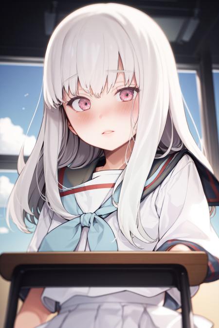 <lora:Mameojitan_style_v02.10.01.04:1> (solo:1.1), 1girl, standing, ultra detailed eyes, white hair, wispy bangs, blush, white seifuku, sailor collar, classroom, window, sky, cloud, backlighting, blurry background, soft lighting, bloom effect