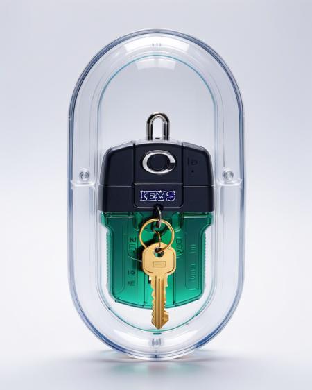 product shot of a Keys inside a plastic capsule <lora:product_shot_of:0.4>