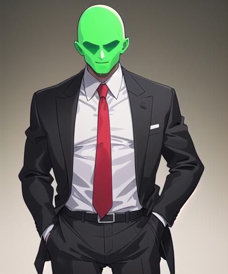 faceless male, black suit, red necktie, green skin, solo,  hands on pockets, bald, no eyes, eyeless, [muscular::3]
<lora:faceless-11:1>