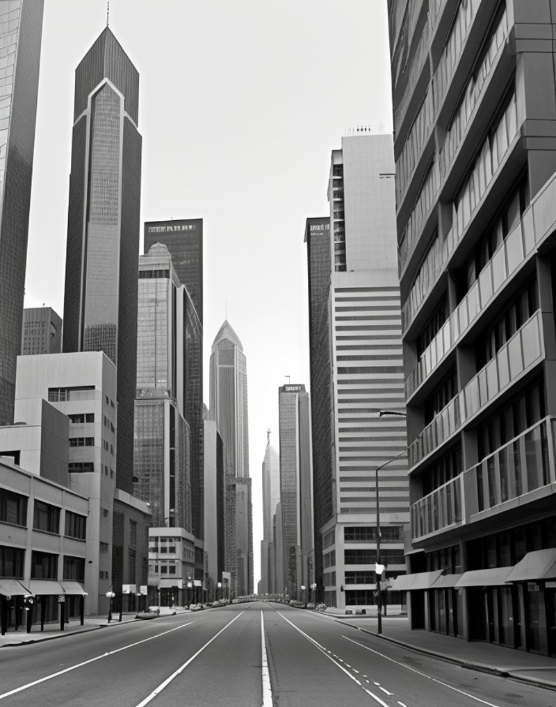 city centre, skyscrapers modern streets, grayscale vintage.