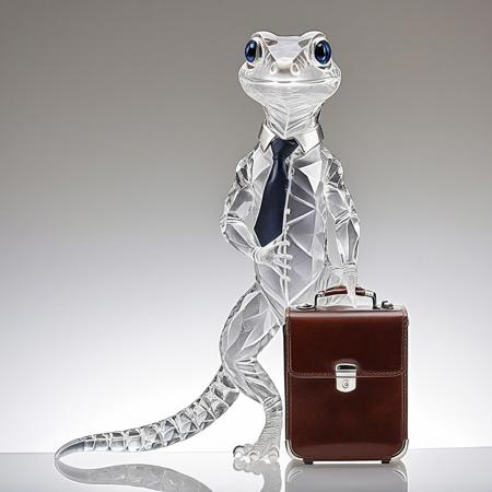 High-resolution image of a crystal figurine depicting an anthropomorphic gecko in a finely detailed business suit. The entire figurine is crafted from clear, faceted crystal, with sharp edges and smooth surfaces that reflect and refract light beautifully. The gecko stands in a confident pose, perhaps holding a briefcase or adjusting its tie, capturing a sense of professionalism. The suit features subtle etched details, adding texture and realism to the crystal sculpture. The background is a soft, neutral gradient to focus attention on the figurine's intricate craftsmanship, with soft studio lighting creating sparkling highlights and delicate shadows. The style is photorealistic, emphasizing the crystal's clarity, light play, and the elegant balance of the figure, cs-cr1stal-v2