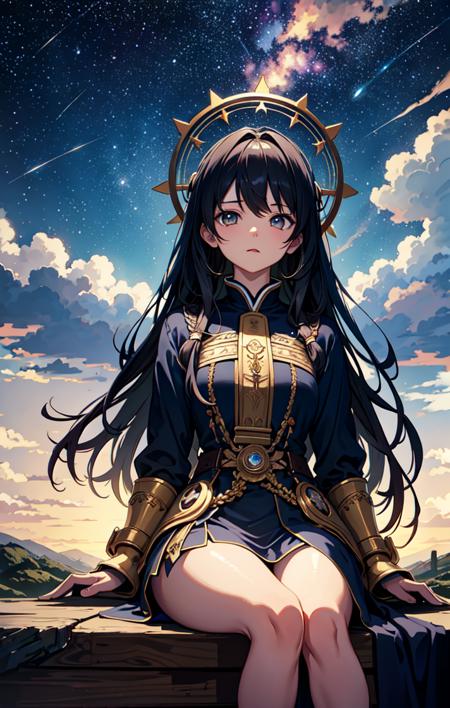 (anime), (illustration), cartoon, detailed, (dark shot:1.1), epic realistic, A girl sitting in the middle of the road looks at the sky, the heavenly expanse, stars, meteorites, faded, (neutral colors:1.2), (hdr:1.4), (muted colors:1.2), hyperdetailed, (artstation:1.4), cinematic, warm lights, dramatic light, (intricate details:1.1), complex background, (rutkowski:0.66), (teal and orange:0.4), (intricate details:0.9), (hdr, hyperdetailed:1.2)