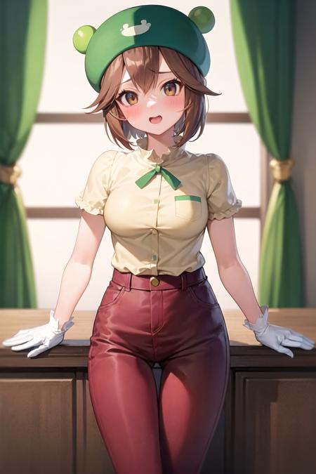 <lora:ribitta-02:1>, ribitta, 1girl, best quality, masterpiece, solo, standing, yellow shirt, short sleeves, hat, brown eyes, red pants, capri pants,white gloves, blush,