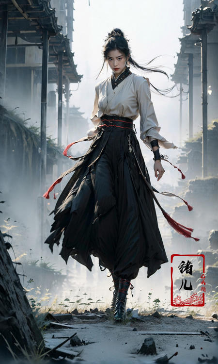 (dramatic, gritty, intense:1.4),masterpiece, best quality, 8k, insane details, intricate details, hyperdetailed, hyper quality, high detail, ultra detailed, Masterpiece,
1girl,solo, hanfu,dress,red ribbon,jewelry,wind,long sleeves,long hair, hair ornament,tassel, (full body:1.1),
holding weapon, sword,
looking at viewerrealisticbamboo groveChinese architecture
A shot with tension(Visual impact,giving the poster a dynamic and visually striking appearance:1.2),Chinese Zen style,impactful picture,
<lora:~Q?-N-VRQswordsman:0.9>