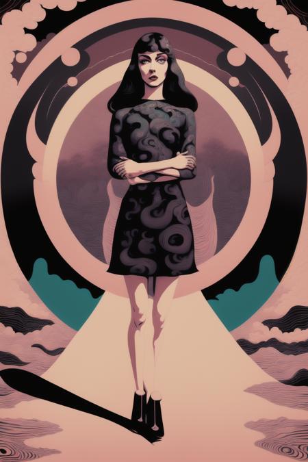 a woman with a long body and a long arm , 1girl, solo, long hair, brown hair, dress, standing, full body, star (symbol), sparkle, shadow, pink dress , psychedelic_noir