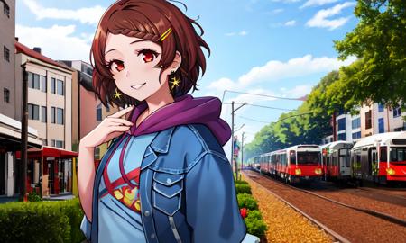 (masterpiece:1.3), (best quality:1.3),solo,1girl, brown hair, red eyes, solo, hairclip, earrings,short_hair, hair_ornament,outdoors, realistic background,blue jacket,