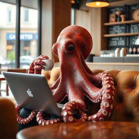 a very detailed close picture of an octopus siting on a sofa ina coffe store and working on a macbook while drinking a cofee