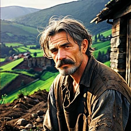 a old medieval farmer digging in the dirt, 1boy, grey hair, mustache,
analogue photography, natural light,