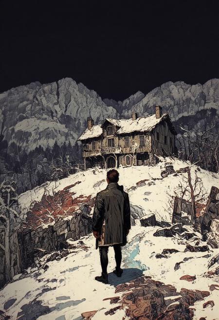 A 16th-century manor stands before the Pyrenees, overlooking a vast, snow-covered forest. The building is old and half-ruined. The sky is dark, and snow blankets everything. On the path leading to the manor, a man stands with his back turned, dressed like a 19th-century bourgeois.