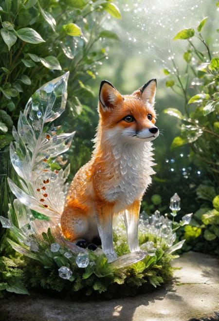 A serene painting capturing a small fox crafted from glass nestled among crystal bushes and trees. The delicate glass fox stands out against the transparent foliage, with the soft light filtering through the crystalline branches casting enchanting shadows
