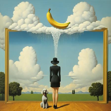 <lora:FF_Style_Rene-Magritte:1> in the style of rene magritte, a collage of paintings with a (sexy woman), a banana and a poodle, the absurdity of love in full of clowds and waterwalls, hyperdetailed, detailed, magritte painting, expanded surrealism, pop surrealism, surrealist art, perfect composition, masterpiece  <lora:xl_more_art-full_v1:0.8>