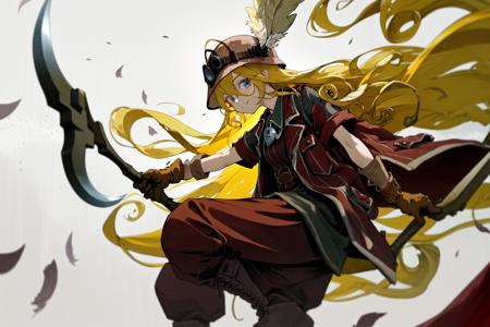 masterpiece, best quality, highres, 1girl very long hair blonde hair curly hair, red jacket helmet whistle short sleeves brown gloves red pants hat feather boots <lora:lyza:1> from side, looking at viewer, smile, floating hair, holding pickaxe