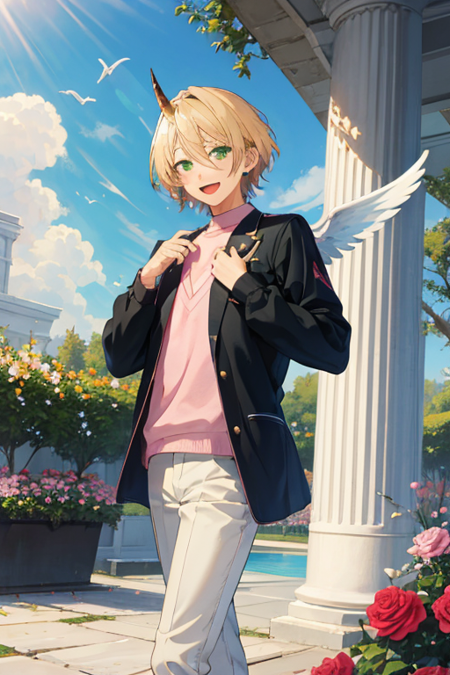 <lora:AiraShiratori-03:0.7> ,aira shiratori, solo, looking at viewer, smile, short hair, open mouth, blonde hair, long sleeves, 1boy, hair between eyes, jewelry, green eyes, flower, male focus, outdoors, wings, sky, day, tree, rose, hand on own chest, feathered wings, single horn, pink flower, angel wings, bush, pink rose, pillar, garden, column