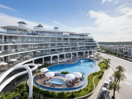 <lora:JJsHotelBuilding_XL:1>,((Hotel Building)) , ((best quality)),((masterpiece)),((realistic)),outdoors,sky,day, cloud, water, spray, no humans, building,  scenery, bush, reflection, city, sign, palm tree,cityscape, real world location, road, sidewalk,), glass,  ((curvy balcony)),
