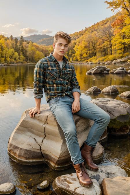 edge of a tranquil lake, forested hill in background, fall foliage, ((sitting on a boulder)), LarsNorgaard, wearing flannel shirt, jeans, boots, masterpiece, (((full body portrait))), wide angle,  <lora:LarsNorgaard:0.8>