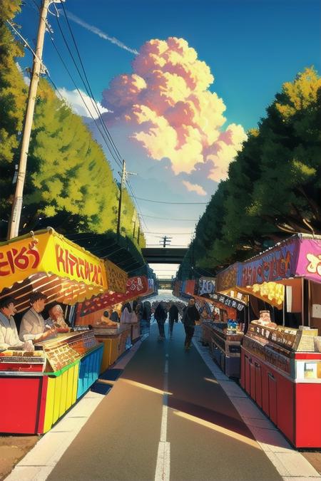 masterpiece, best quality, ultra-detailed, illustration,
omatsuri, food stand, outdoors, scenery, tree, street, road, sign, multiple boys, power lines, lamppost, sky, cloud, day, real world location, winter, city, sitting, bare tree, utility pole, building, vending machine, food, shop, pants, trash can, 6+boys, 
 <lora:omatsuri_V4_1.0_OUTD_Resize_DIM8:1>