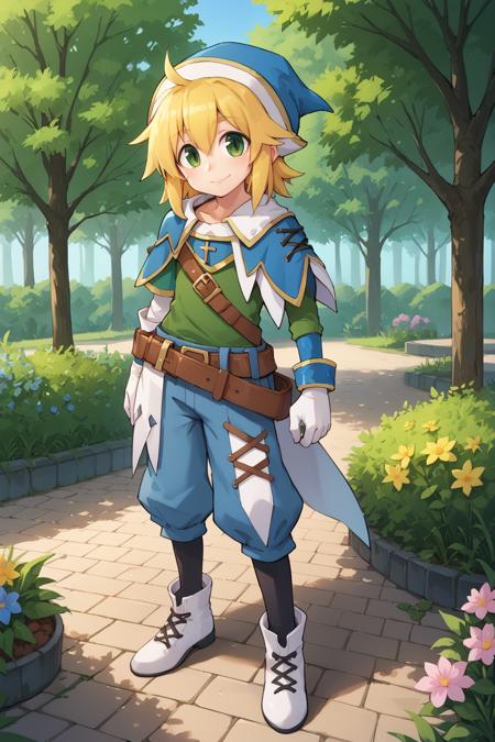 crdef, 1boy, green eyes, blonde hair, medium hair, hat, blue headwear, asymmetrical clothes, cross-laced clothes, side cape, white side cape, white gloves, mismatched sleeves, green sleeve, blue sleeve, blue bracelet, green shirt, baggy blue pants, belt, shoulder belt, black socks, white boots,