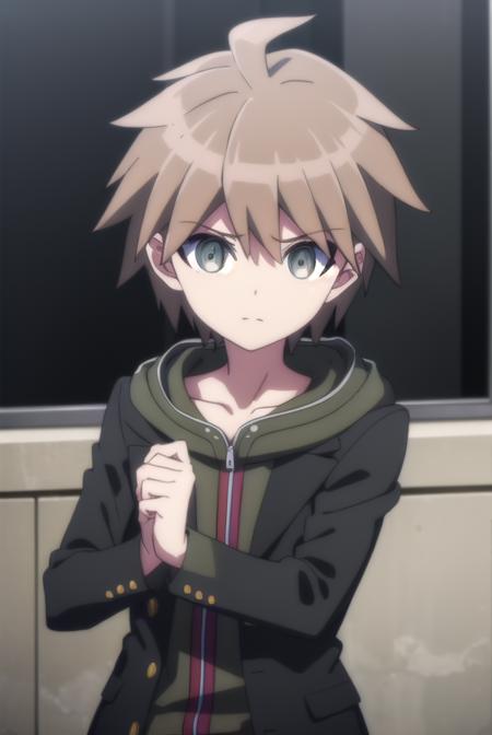 makotonaegi, <lora:makoto naegi s1-lora-nochekaiser:1>,
makoto naegi, short hair, bangs, brown hair, hair between eyes, (brown eyes:1.3), ahoge, male focus,
BREAK long sleeves, collarbone, jacket, black jacket, hoodie, hood down, green hoodie,
BREAK outdoors, classroom,
BREAK looking at viewer, (cowboy shot:1.5),
BREAK <lyco:GoodHands-beta2:1>, (masterpiece:1.2), best quality, high resolution, unity 8k wallpaper, (illustration:0.8), (beautiful detailed eyes:1.6), extremely detailed face, perfect lighting, extremely detailed CG, (perfect hands, perfect anatomy),