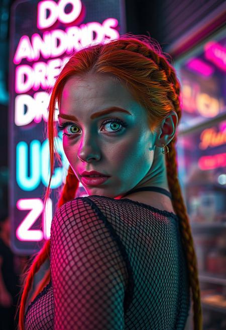 neon sign "DO ANDROIDS DREAM OF BUZZ?",
a dramatic extreme close-up of a woman's eyes, intense, looking back over her shoulder, emotional atmosphere, in the style of cksc, beautiful surprised woman, looking at viewer, (alert), (((pale skin))), orange hair, freckles, long braided hair, big green eyes, glowing green eyes, blacklight, (((skin-tight jumpsuit))), ((cybernetics)), ((fishnet clothing)), limited palette, candy colors, pink, pale blue, lime green, colorful bokeh, blurred background