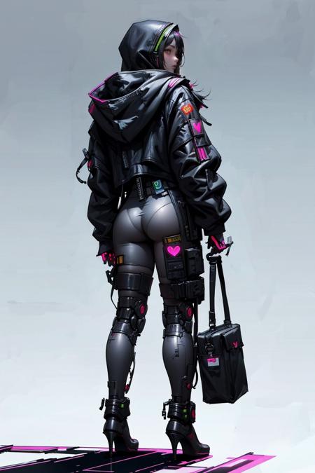 HEZI,(Cyberpunk:1.5),(Character design:1.2),science fiction,game characters,solo, robot, standing, humanoid robot, 1girl, no humans, high heels, hood, heart, gradient, joints, gradient background, full body, robot joints, grey background, heart print, hood up, looking at viewer, open hands, contrapposto, android, mecha, shadow, white background, polka dot, fewer digits, ass, from behind, arms at sides, hoodie,<lora:èµå:0.7>,