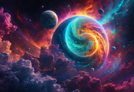 Realistic Expressionism, UHD,  Cinematic, Cosmic Astral Illustration. Medium shot. Planets floating in serene space. Best quality. 8k resolution. Vibrant iridescent colors. Glowing astral energies. Swirling nebula clouds. Soft, ethereal light. Mixed media textures. Pablo Amaringo style. Holographic effect. Luminous planets. Cosmic wonder.