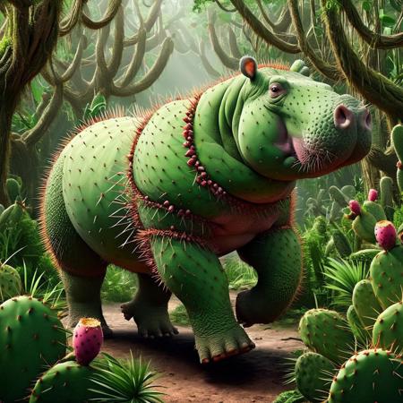 Harry the Hippo striding therough the jungle, parrots  <lora:Prickly Pear Style v1:1>, Prickly Pear Style,