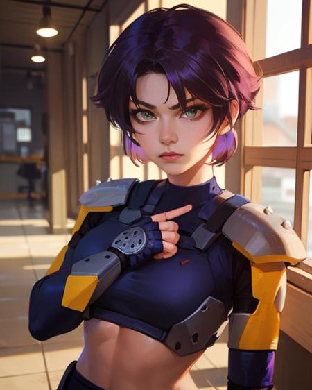 Kanoko, spiked hairstyle,  short purple hair with bangs, dark-skinned,  green eyes,makeup, (solo1:2) , serious expression, abs, standing, close up,  upper body,
KanArmor, navy blue tight bodysuit ,grey shoulder pads, grey knee pads,,fingerless gloves,cybercop,
police station, window, 
(insanely detailed, beautiful detailed face, masterpiece, best quality)     <lora:Kanoko-10V2:0.7>