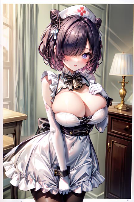 (((masterpiece))),highres,absurdres,(((best quality))),official art,<lora:add_detail>,perfect lighting,looking at viewer,cowboy shot,
1girl,hmsjervis,hair over one eye,nurse cap,cone hair bun,white dress,sleeveless dress,white gloves,elbow gloves,white pantyhose,bow,neck bell,cleavage,blush,:o,<lora:JervisAzurLane-09:0.7>, hands on own chest,